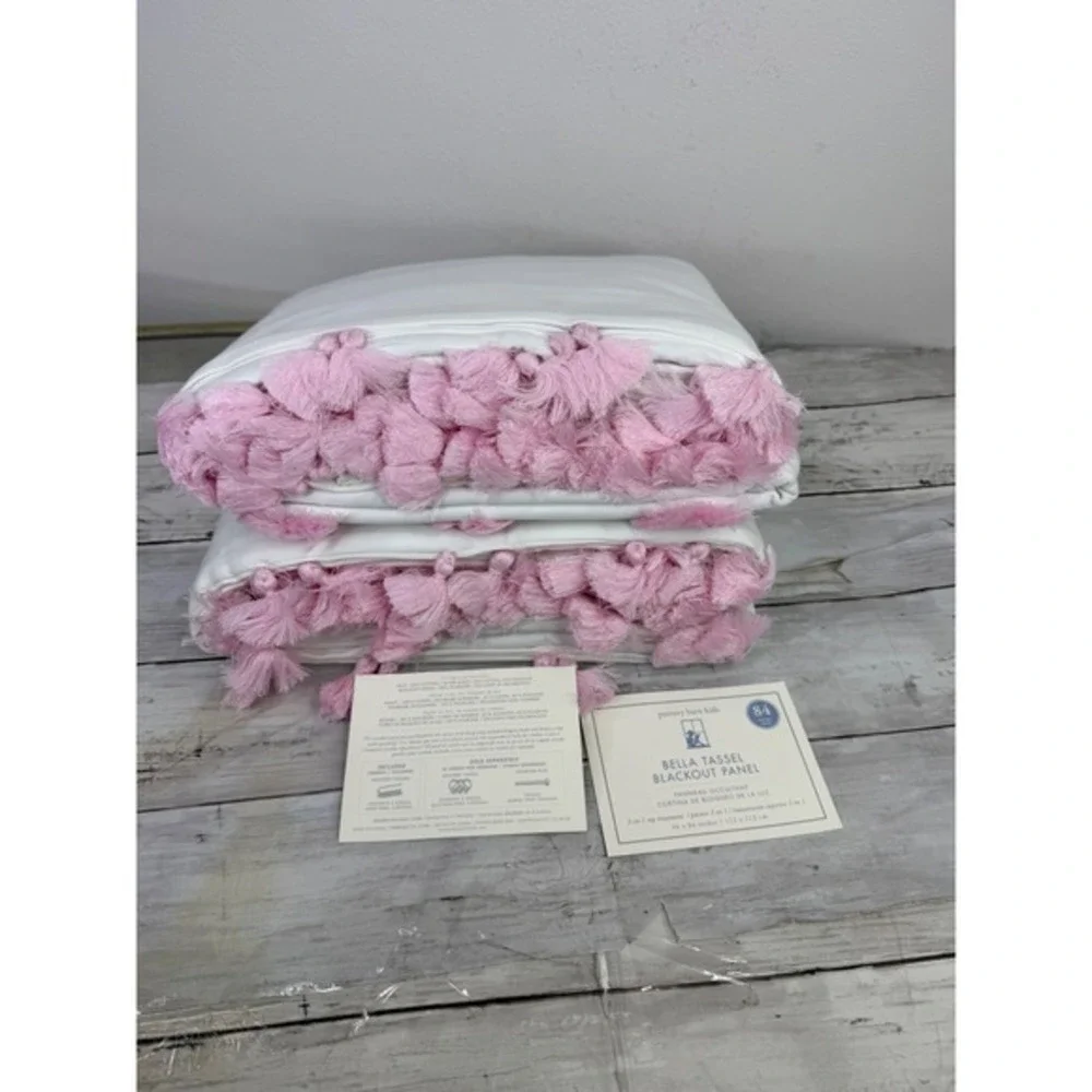 Pottery Barn Kids Bella Tassel Blackout Curtain Panels White Pink set of 2